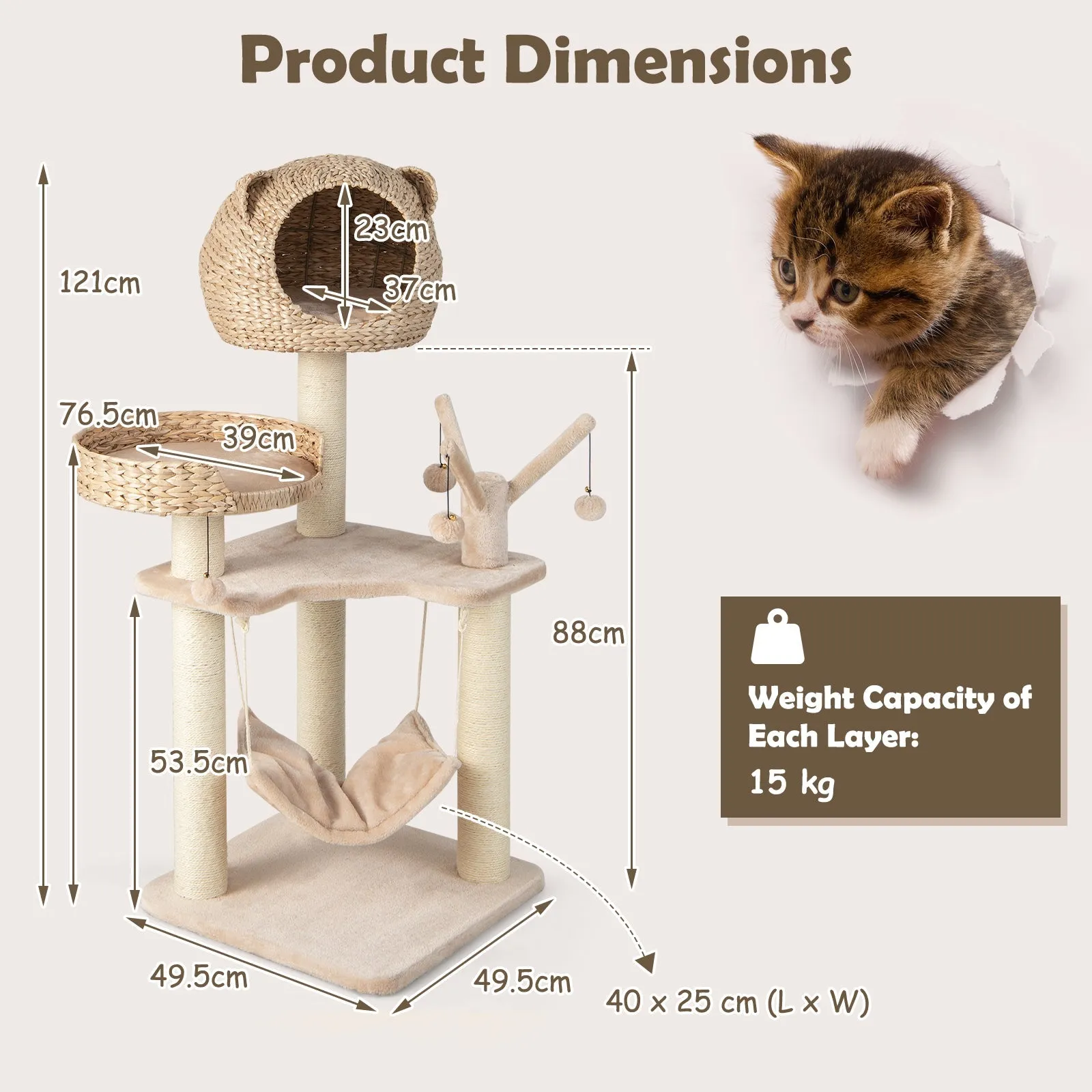 121 CM Tall Cat Tree Tower with Cattail Fluff Cat Condo-Natural