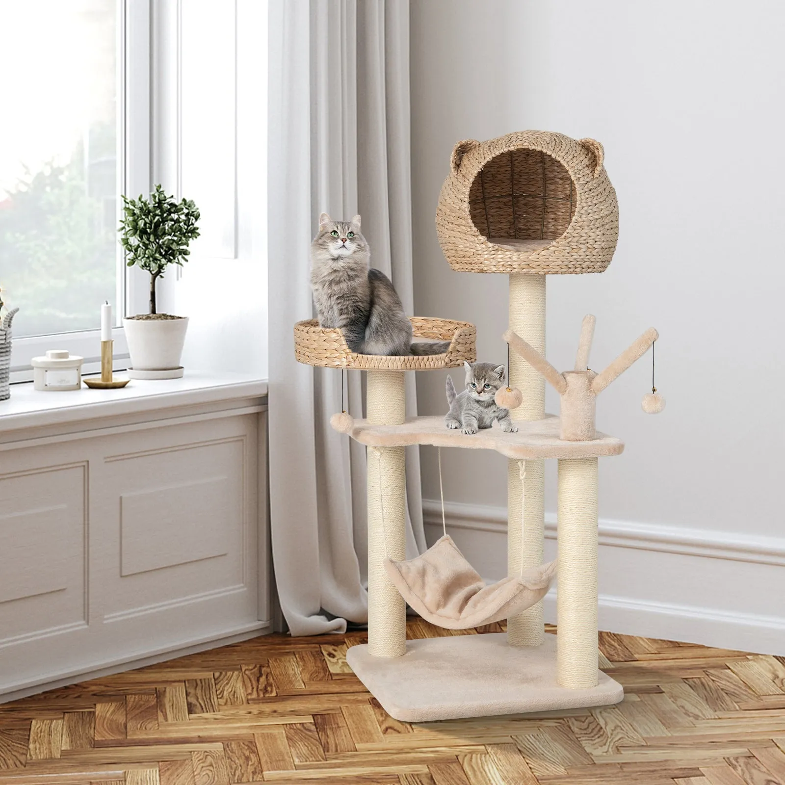 121 CM Tall Cat Tree Tower with Cattail Fluff Cat Condo-Natural