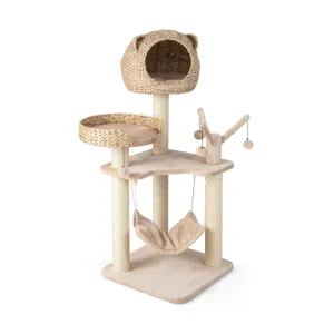 121 CM Tall Cat Tree Tower with Cattail Fluff Cat Condo-Natural