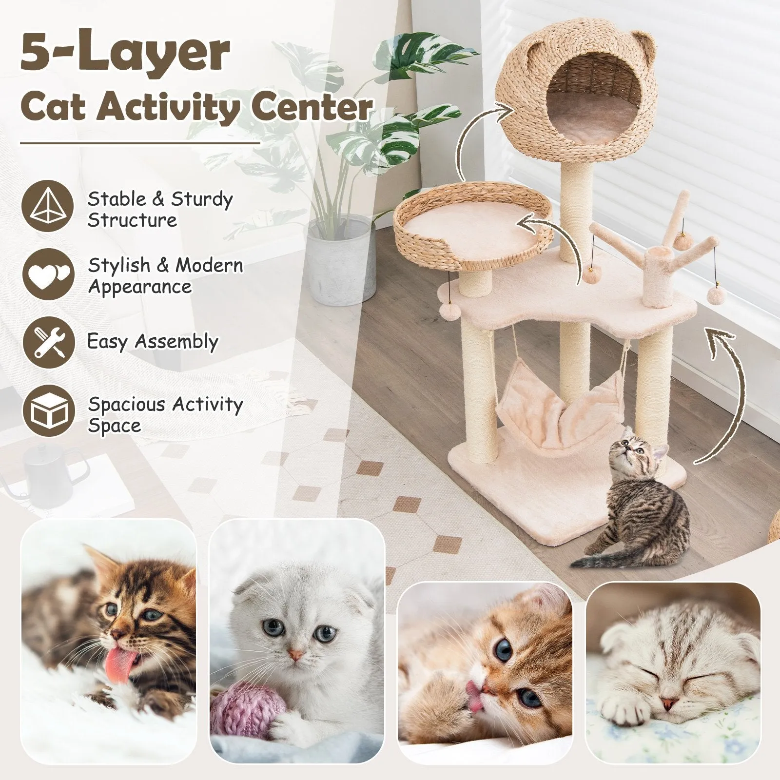 121 CM Tall Cat Tree Tower with Cattail Fluff Cat Condo-Natural