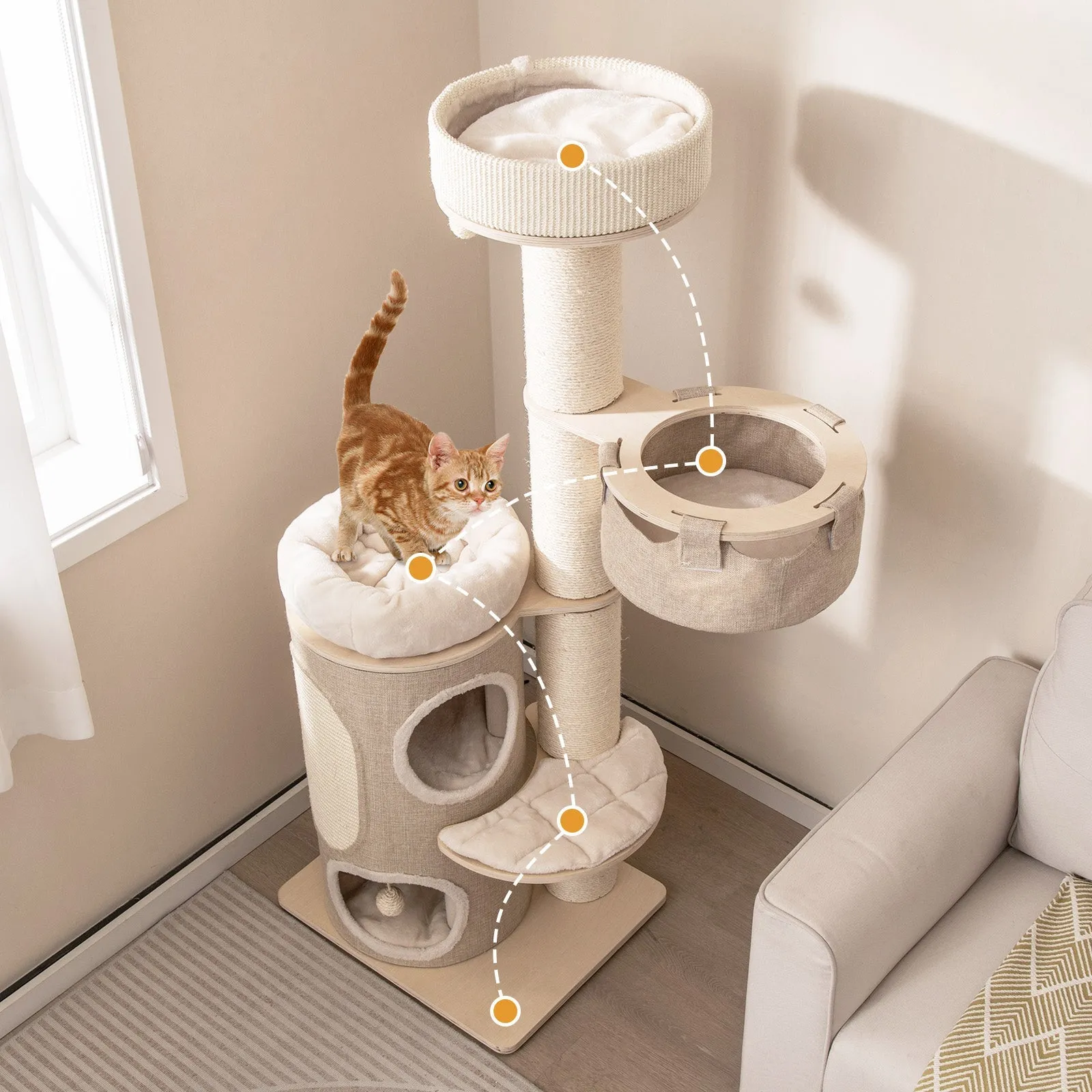 154CM Multi-level Cat Tree with 2-stoery Condo and Top Perch-Natural