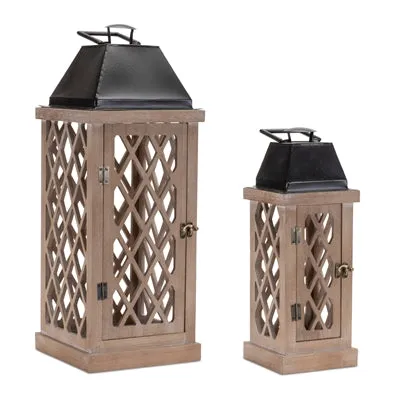 16-25" Wood Crosshatch Metal Top Lantern