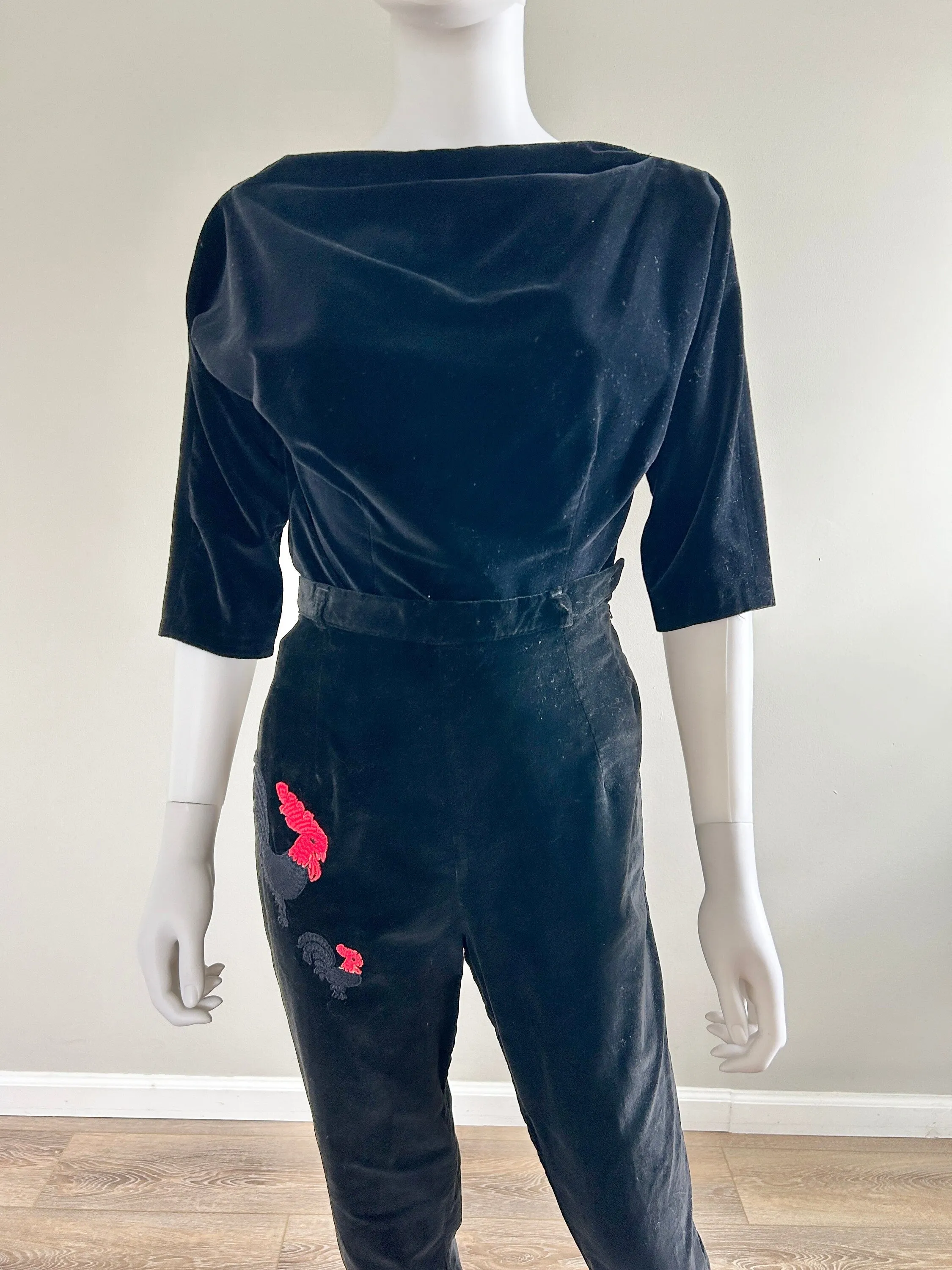 1950s Black Velvet Cigarette Pants and Blouse / 50s Vintage High Waisted Pants and Top / Size XS