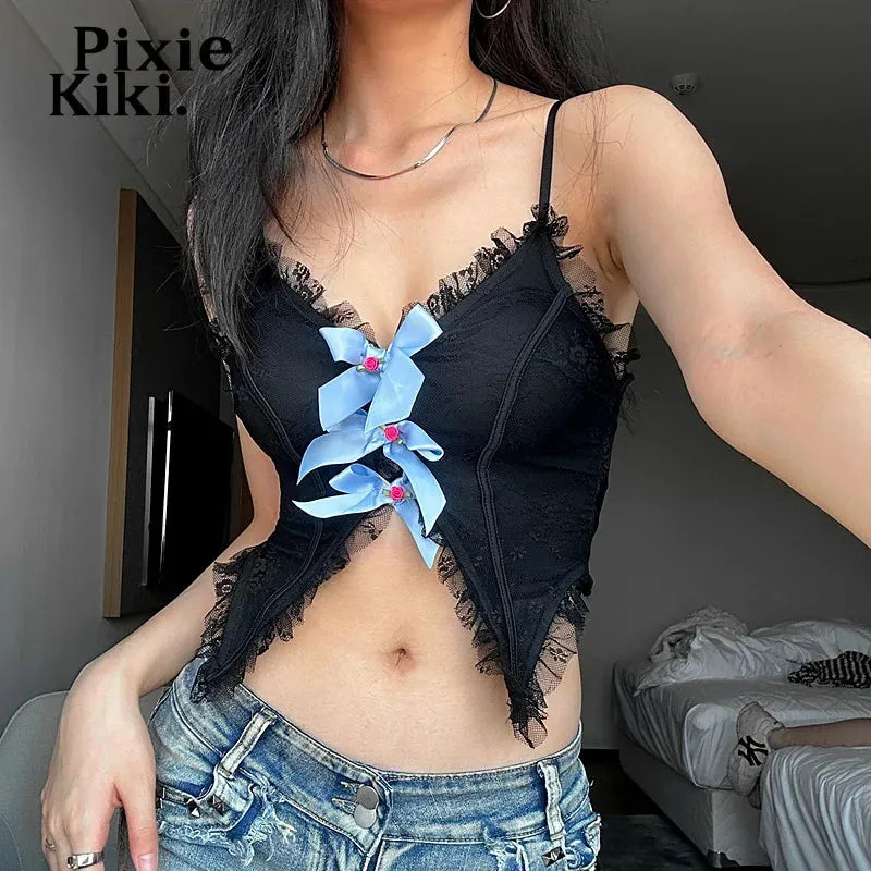 2000s Y2k Tank Tops Women Summer Lace Trim Bows V Neck Backless Camisole Cute Sexy Black Crop Top P33-CC10