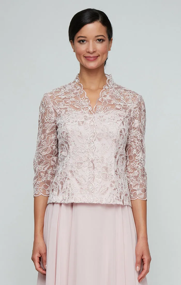 3/4 Sleeve Corded Embroidered Blouse with Center Front Scallop Detail and Illusion Sleeves