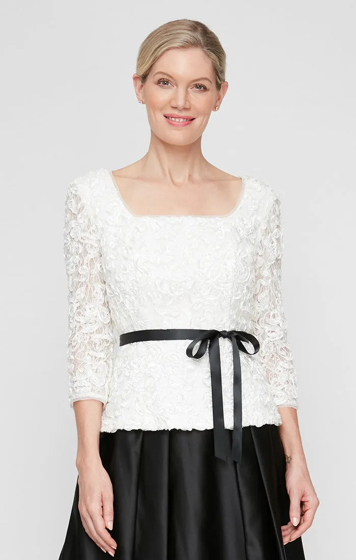 3/4 Sleeve Square Neck Soutache Lace Blouse with Tie Belt