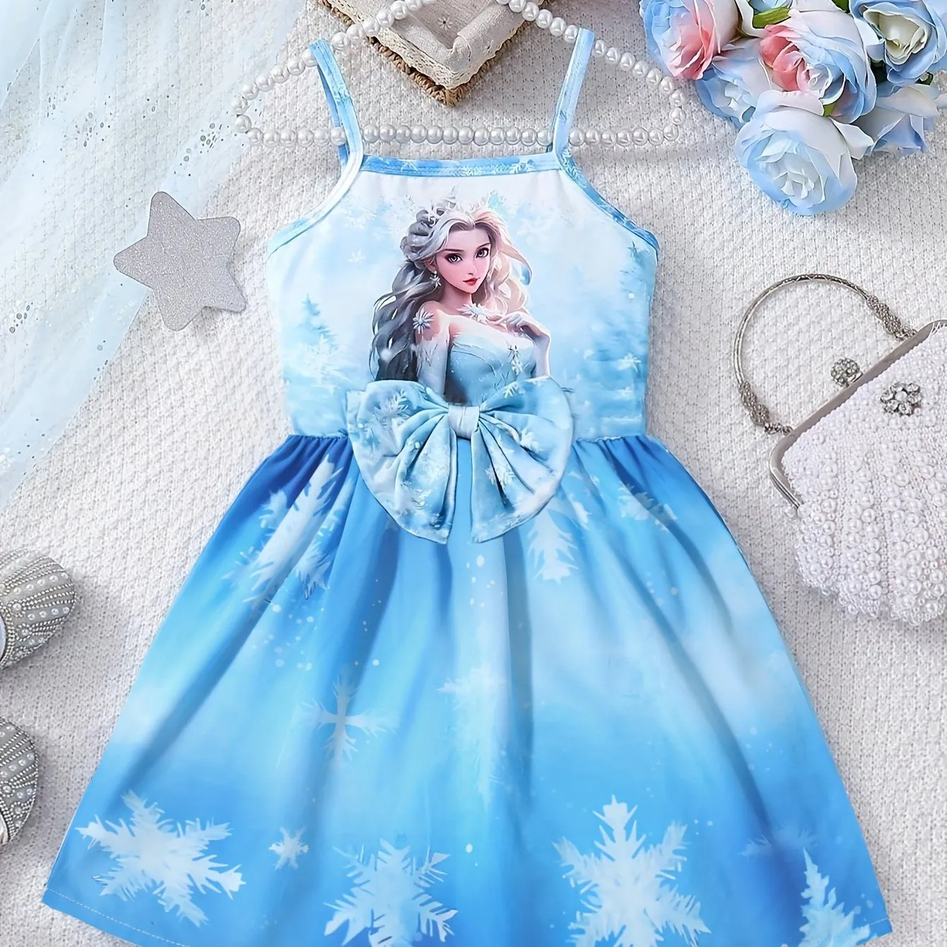 3D Graphic Toddler Girls Snow Princess Dress - Adorable Cartoon Design with Fashionable Bow Front Cami Style - Perfect for Little Fashionistas - Summer Wardrobe Must-Have