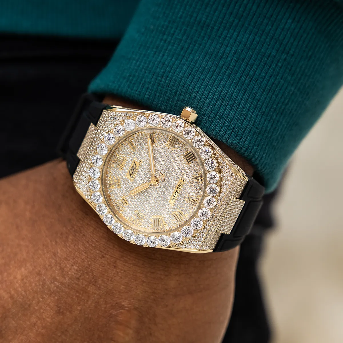 42MM Fully Iced Alpha Era® Gold w/ Rubber Strap