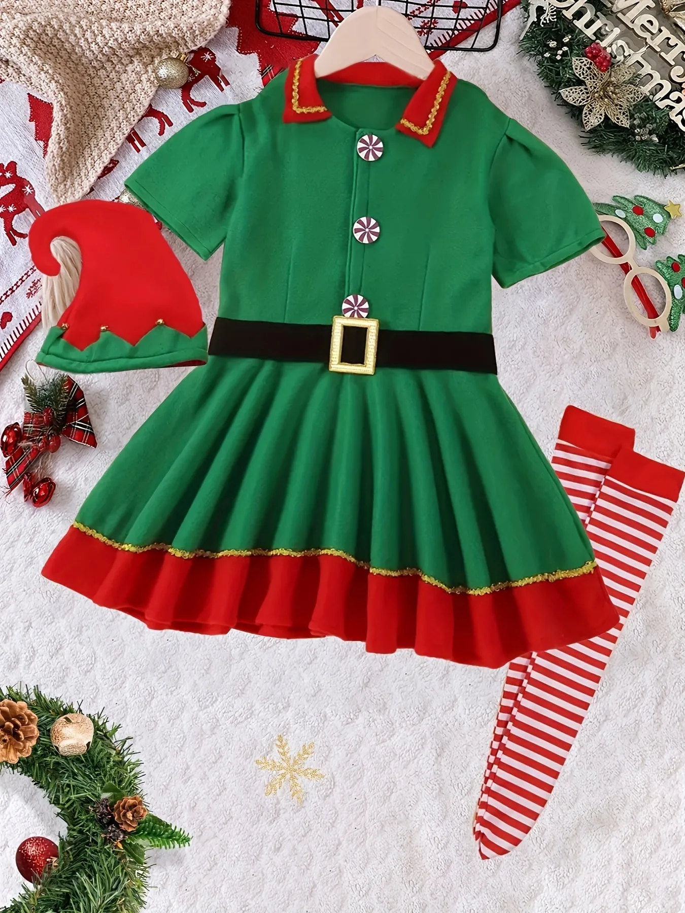 4pcs Girls Christmas Flannel Lapel Dress   Hat   Long Socks   Belt, Christmas Dress Up Outfit, Joy Festival Celebration Clothes