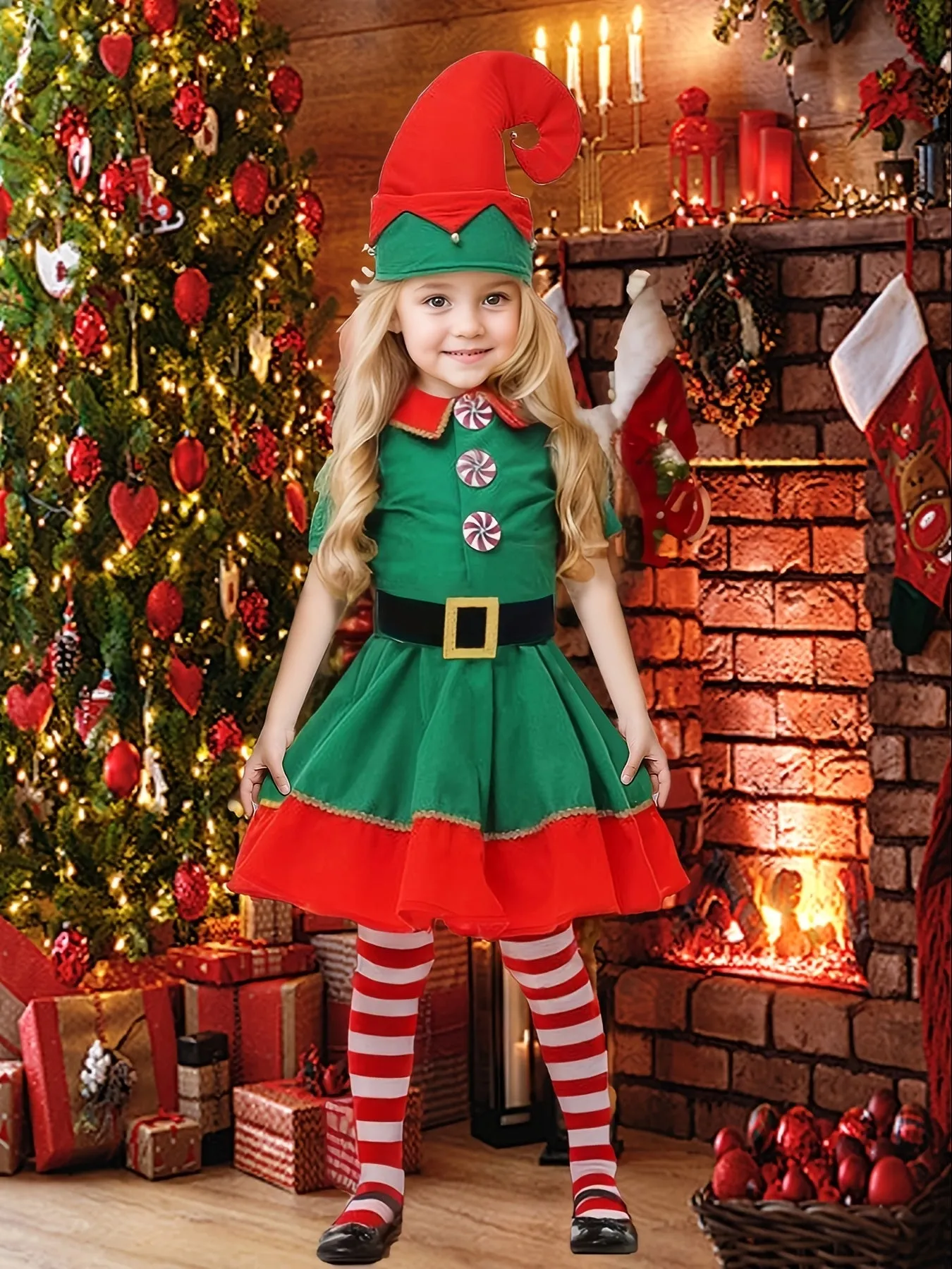 4pcs Girls Christmas Flannel Lapel Dress   Hat   Long Socks   Belt, Christmas Dress Up Outfit, Joy Festival Celebration Clothes