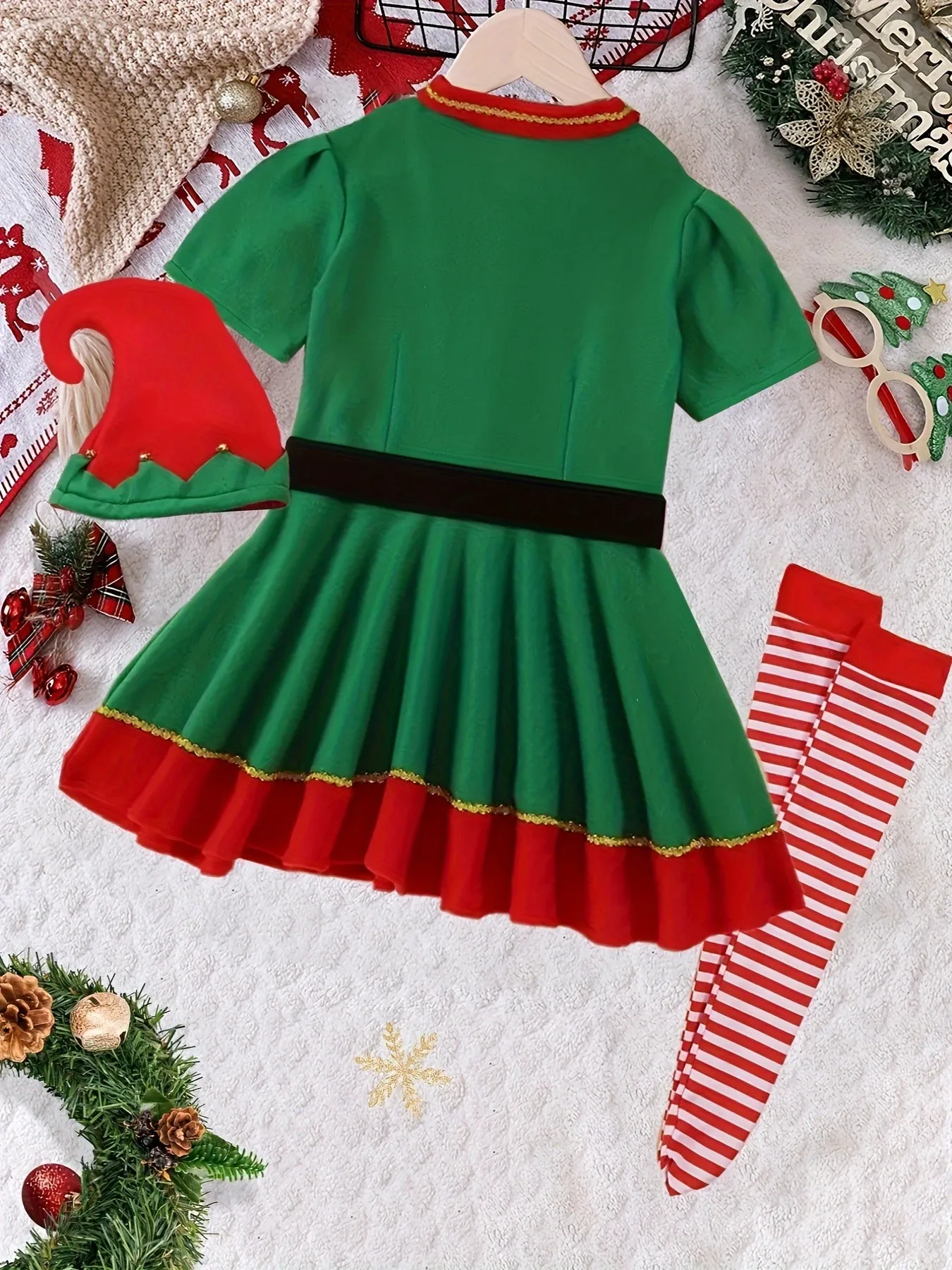 4pcs Girls Christmas Flannel Lapel Dress   Hat   Long Socks   Belt, Christmas Dress Up Outfit, Joy Festival Celebration Clothes