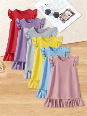 6pcs Set - Adorable Girls Ruffle Hem Dresses - Soft & Comfy, Solid Color Casual Styles for Ages 1-8 - Perfect Little Girl Wardrobe Essentials