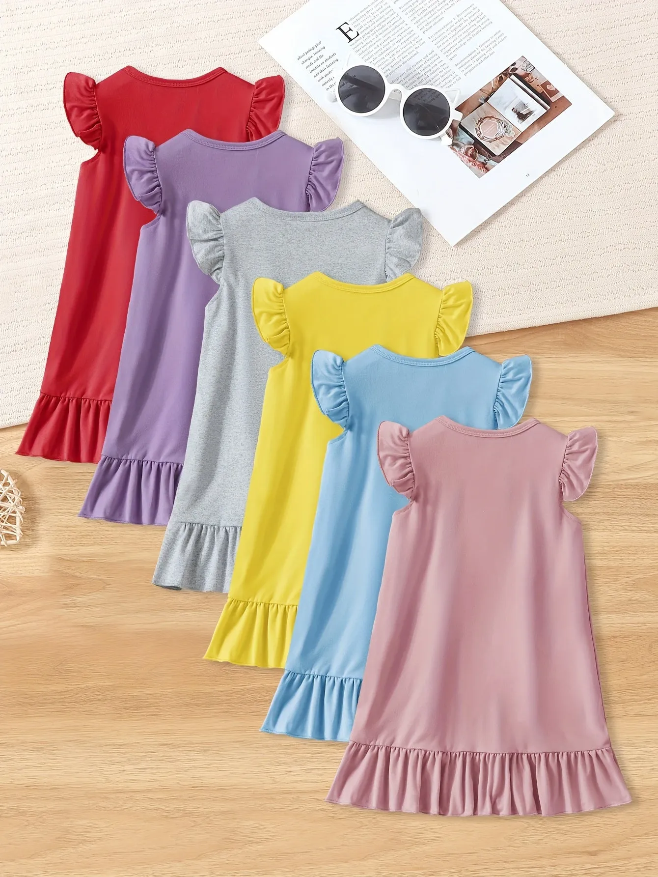 6pcs Set - Adorable Girls Ruffle Hem Dresses - Soft & Comfy, Solid Color Casual Styles for Ages 1-8 - Perfect Little Girl Wardrobe Essentials