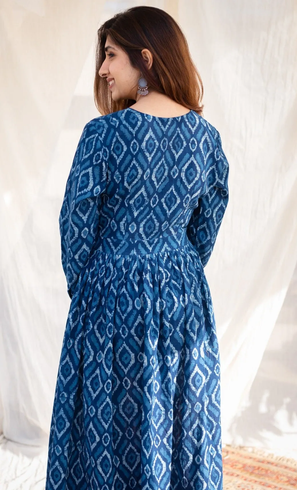 Aashvi Blue Wrap Around Slub Cotton Dabu Dress