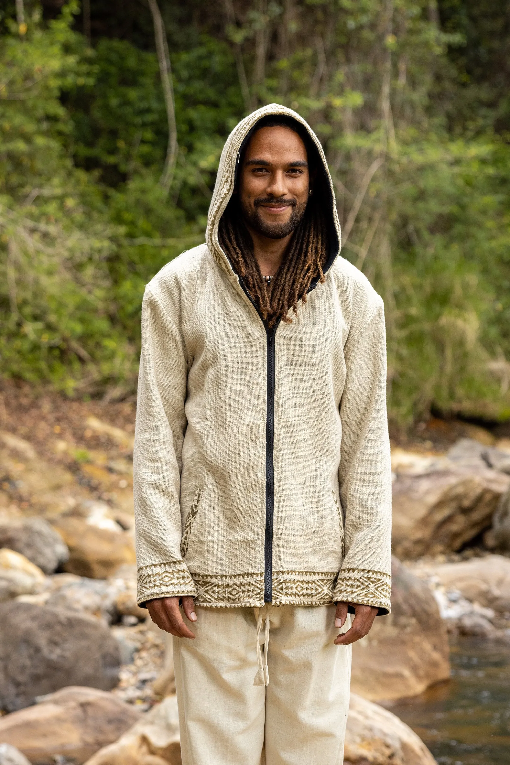 AMAGUK Mens Fleece Jacket Beige Hooded Hoodie Jumper Large Hood Block Printed Tribal Geometric Pattern Primitive Festival Alternative AJJAYA