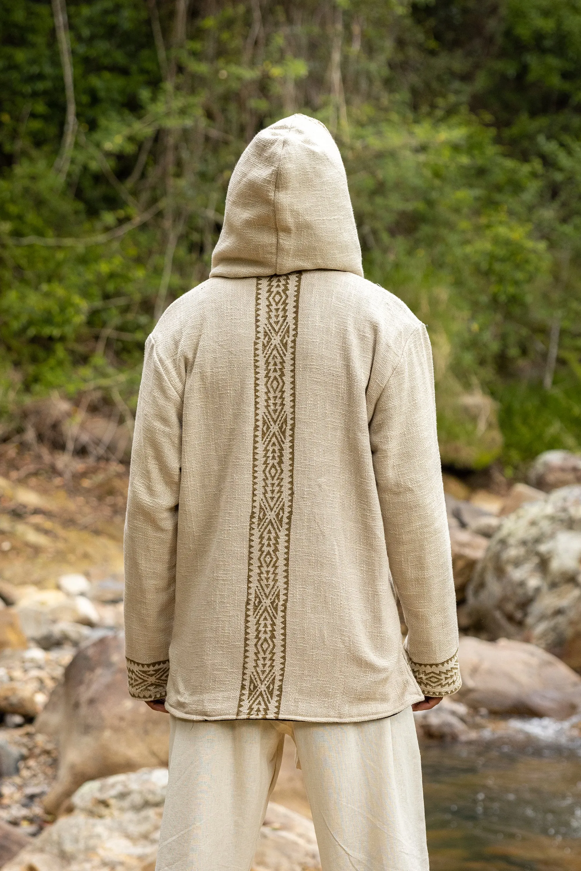 AMAGUK Mens Fleece Jacket Beige Hooded Hoodie Jumper Large Hood Block Printed Tribal Geometric Pattern Primitive Festival Alternative AJJAYA