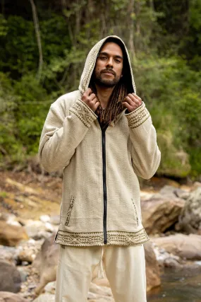 AMAGUK Mens Fleece Jacket Beige Hooded Hoodie Jumper Large Hood Block Printed Tribal Geometric Pattern Primitive Festival Alternative AJJAYA