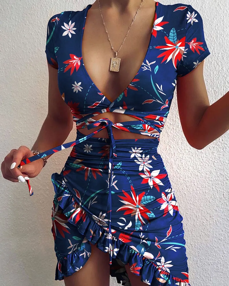 Amozae--hoco dresses Graduation Gift Big Sale Floral Print Fashion Tie Up Wrap Mini Dress 2024 Summer Holiday Ruffles Sundress Ruched Women's Dress Short Sleeve