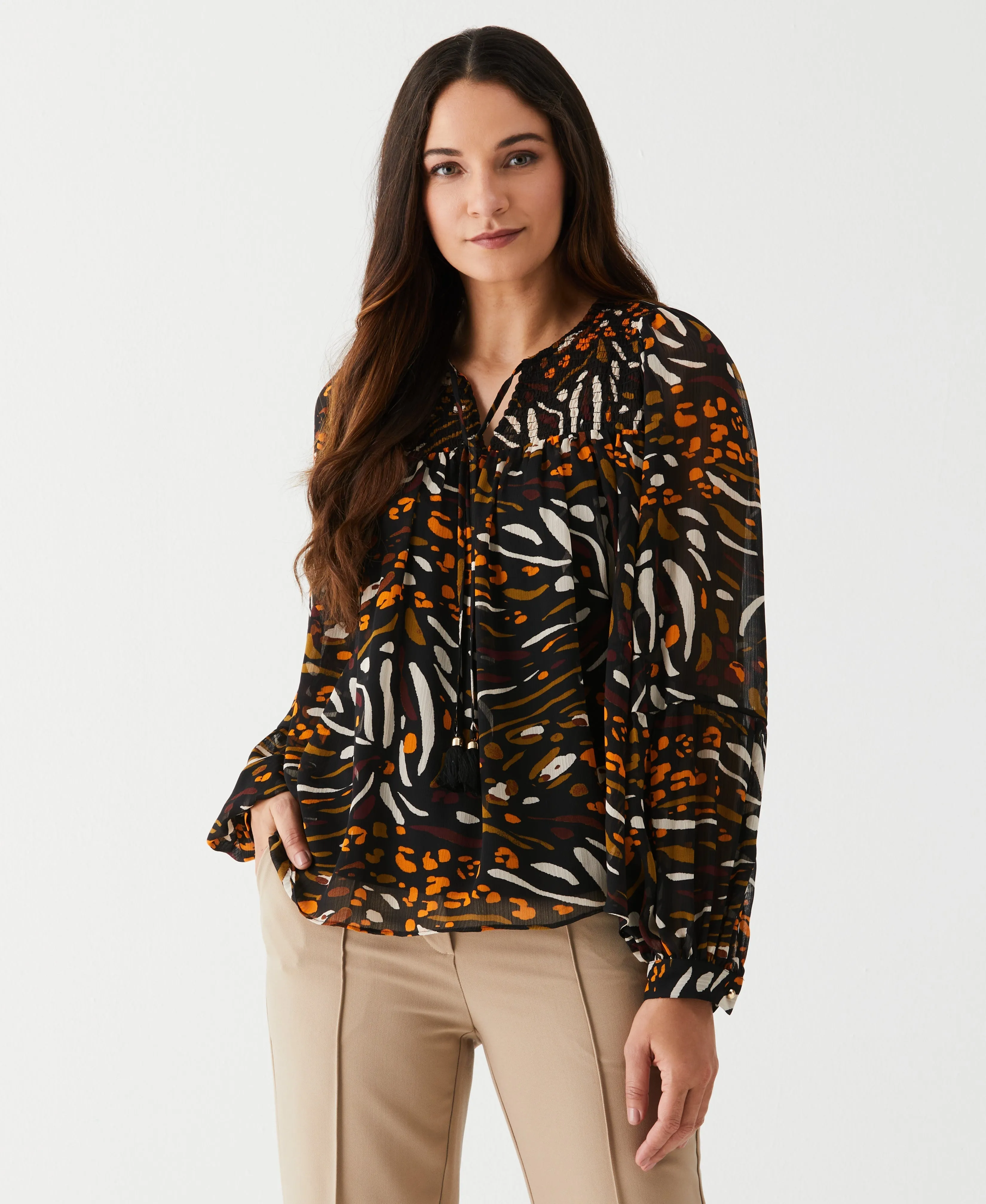 Animal Print Smocked Split Neck Blouse