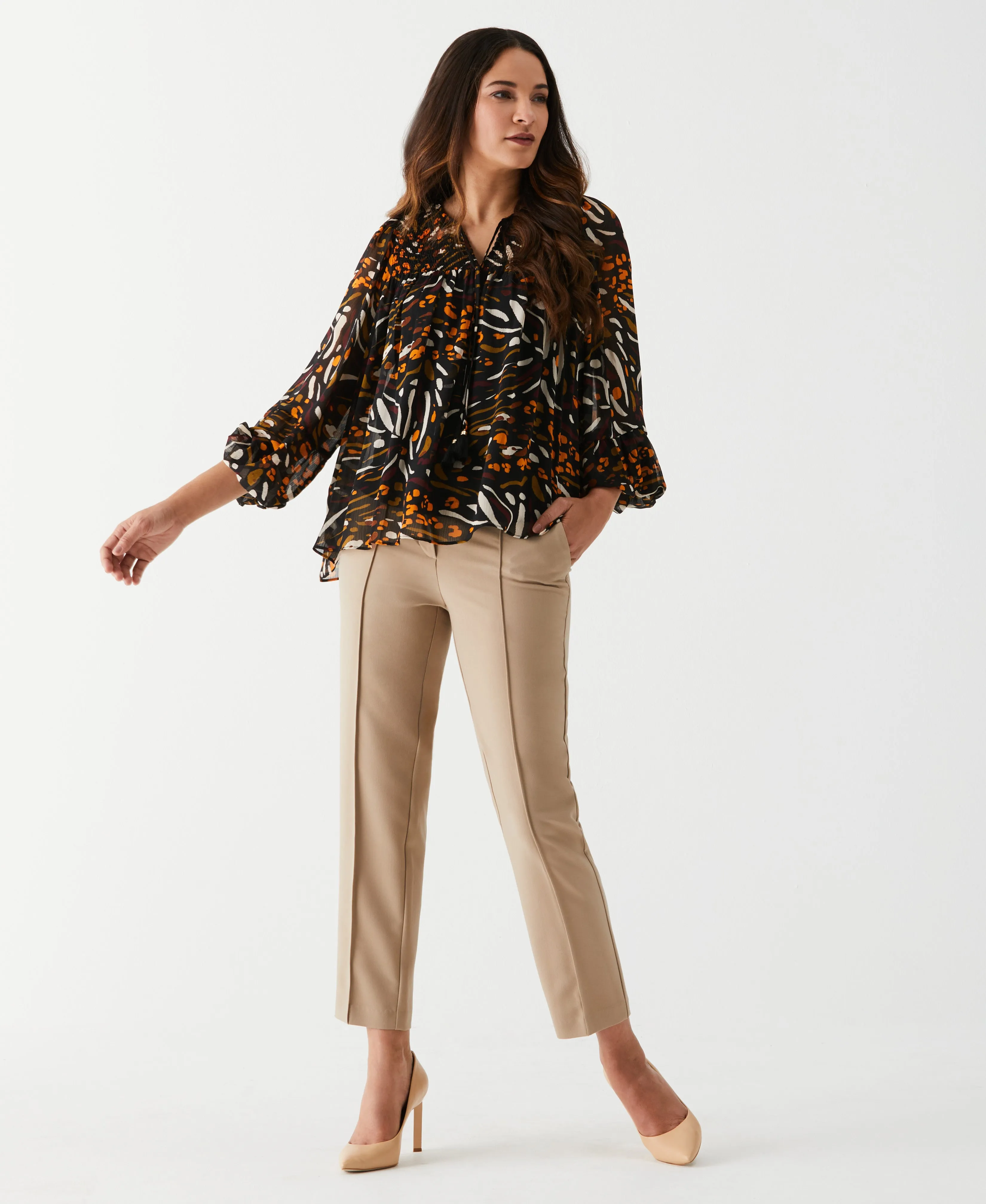 Animal Print Smocked Split Neck Blouse