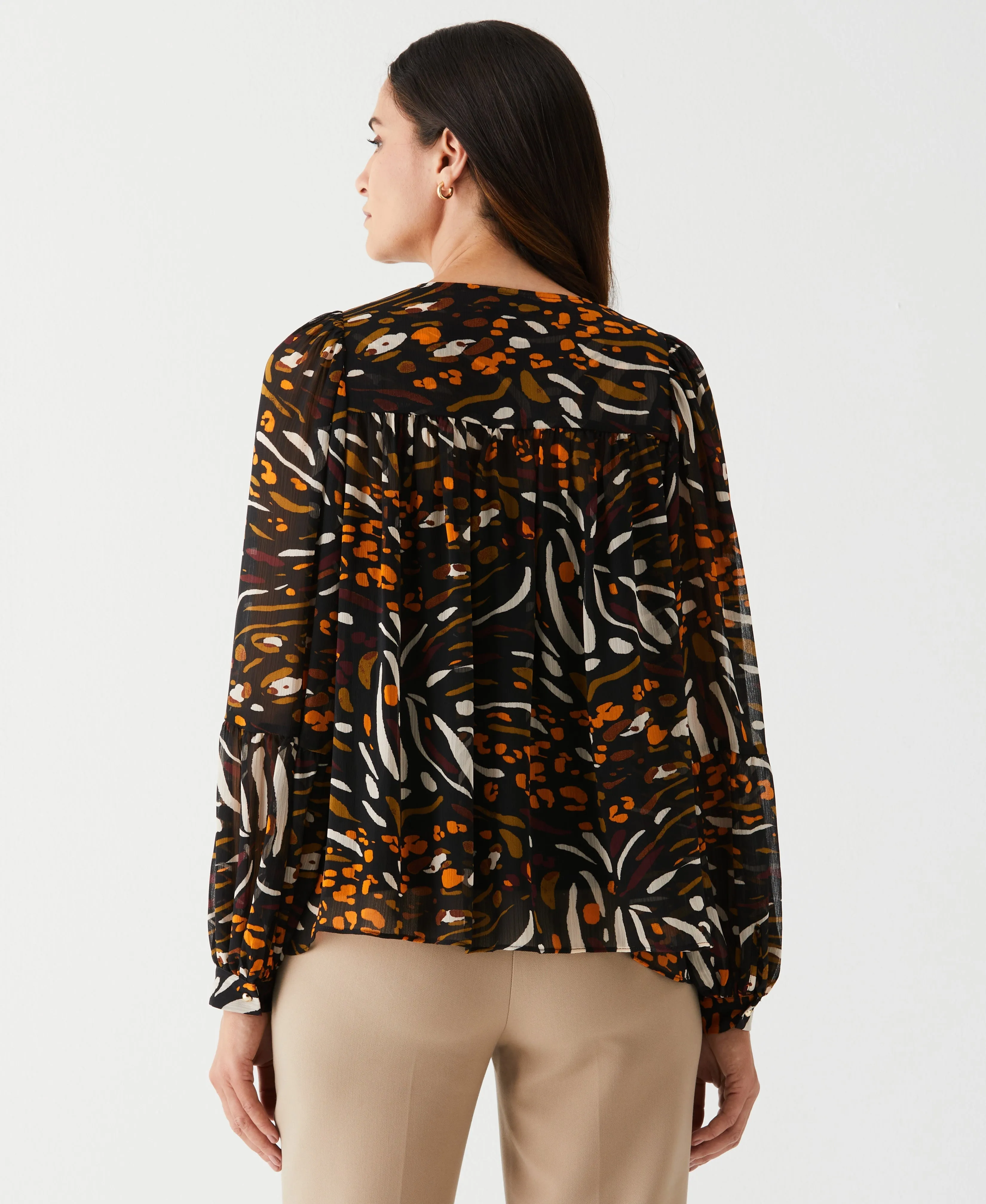 Animal Print Smocked Split Neck Blouse