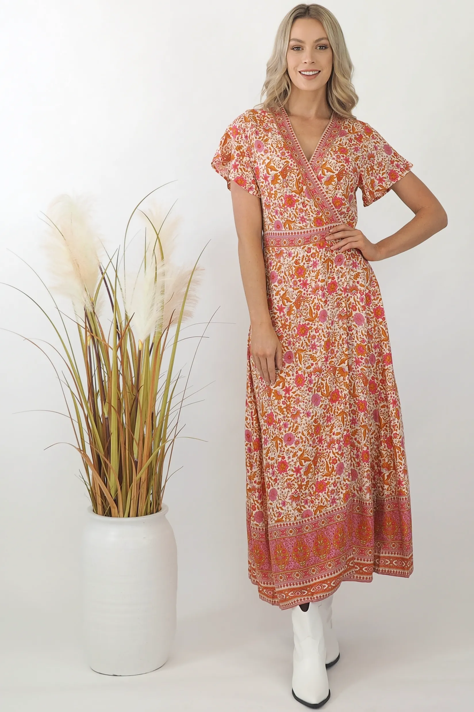 Ava Paisley Maxi Wrap Dress - Pink/Bronze