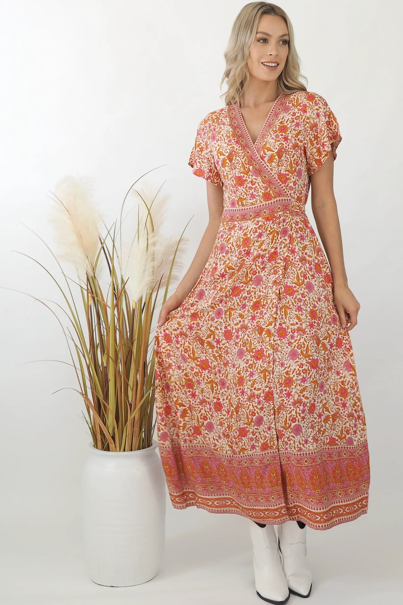 Ava Paisley Maxi Wrap Dress - Pink/Bronze