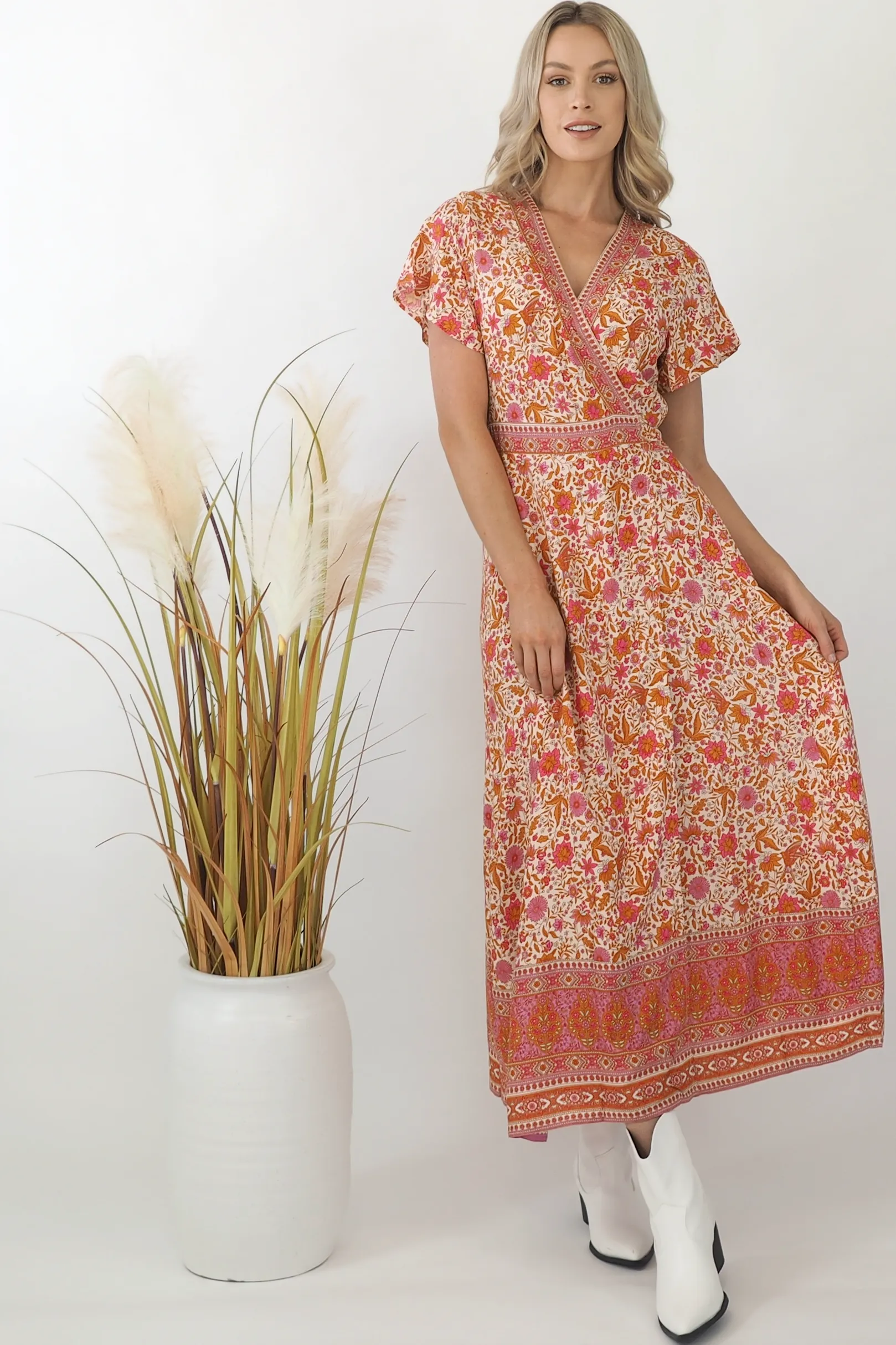 Ava Paisley Maxi Wrap Dress - Pink/Bronze