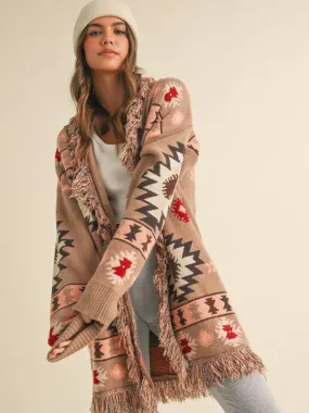 Aztec Printed Fringed Long Cardigan Taupe