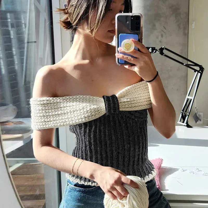 Back To School Joskaa One-Shoulder Sweater Crop Top For Women Bow Splicing Sleeveless Sexy Hot Girl Backless Fashion Slim Short Knit Top Y2K