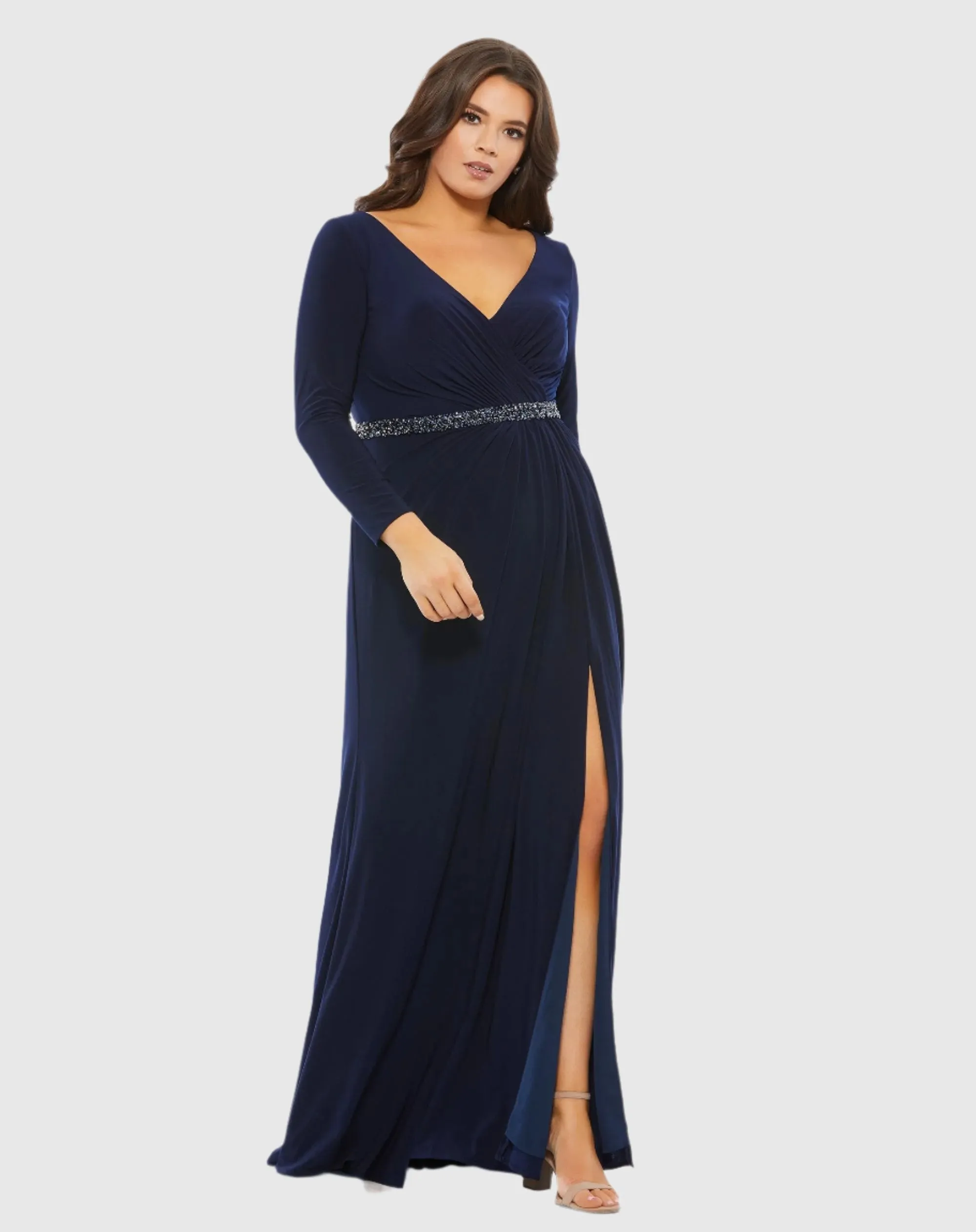 Beaded Belt Jersey Faux Wrap Long Sleeve Gown