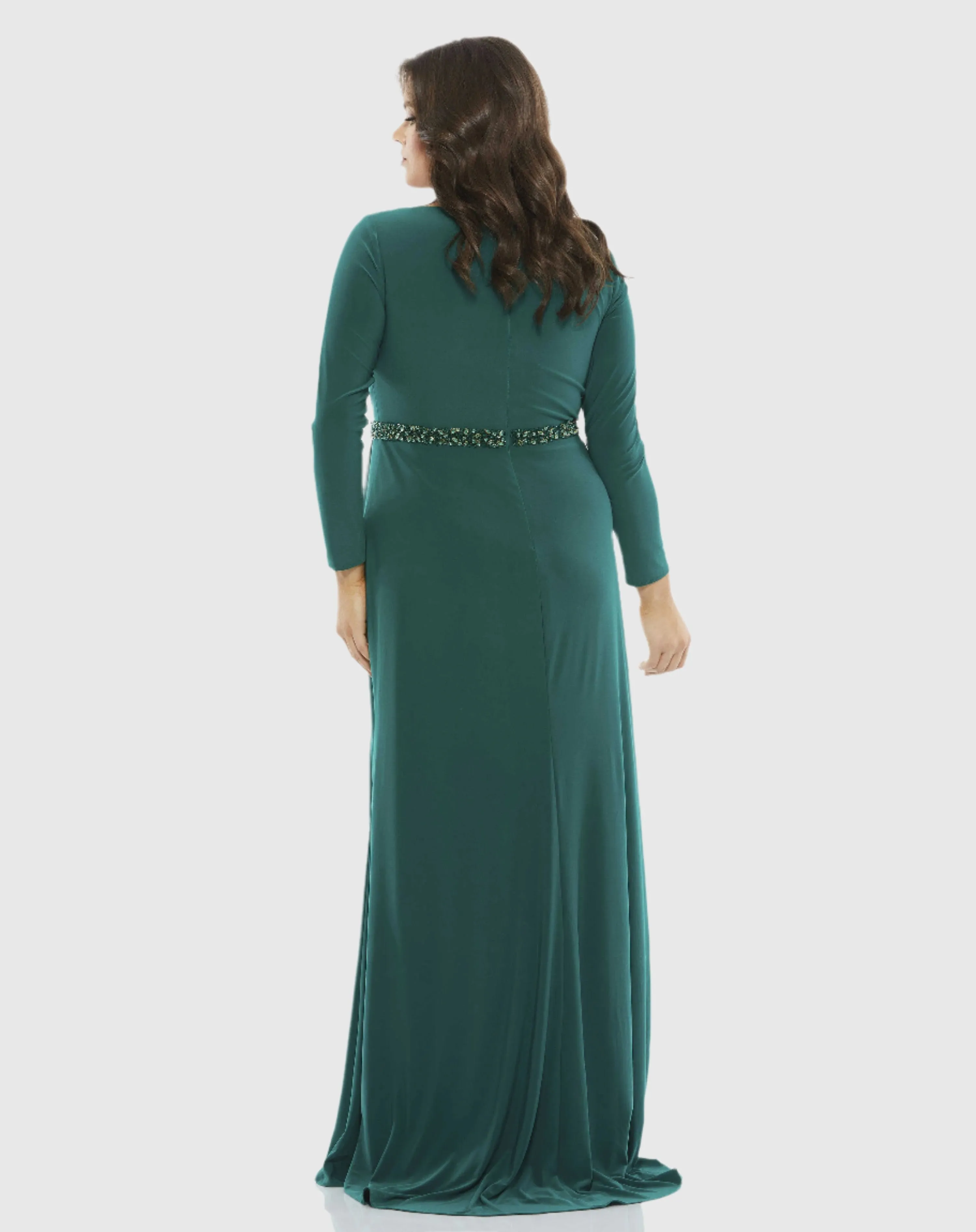 Beaded Belt Jersey Faux Wrap Long Sleeve Gown