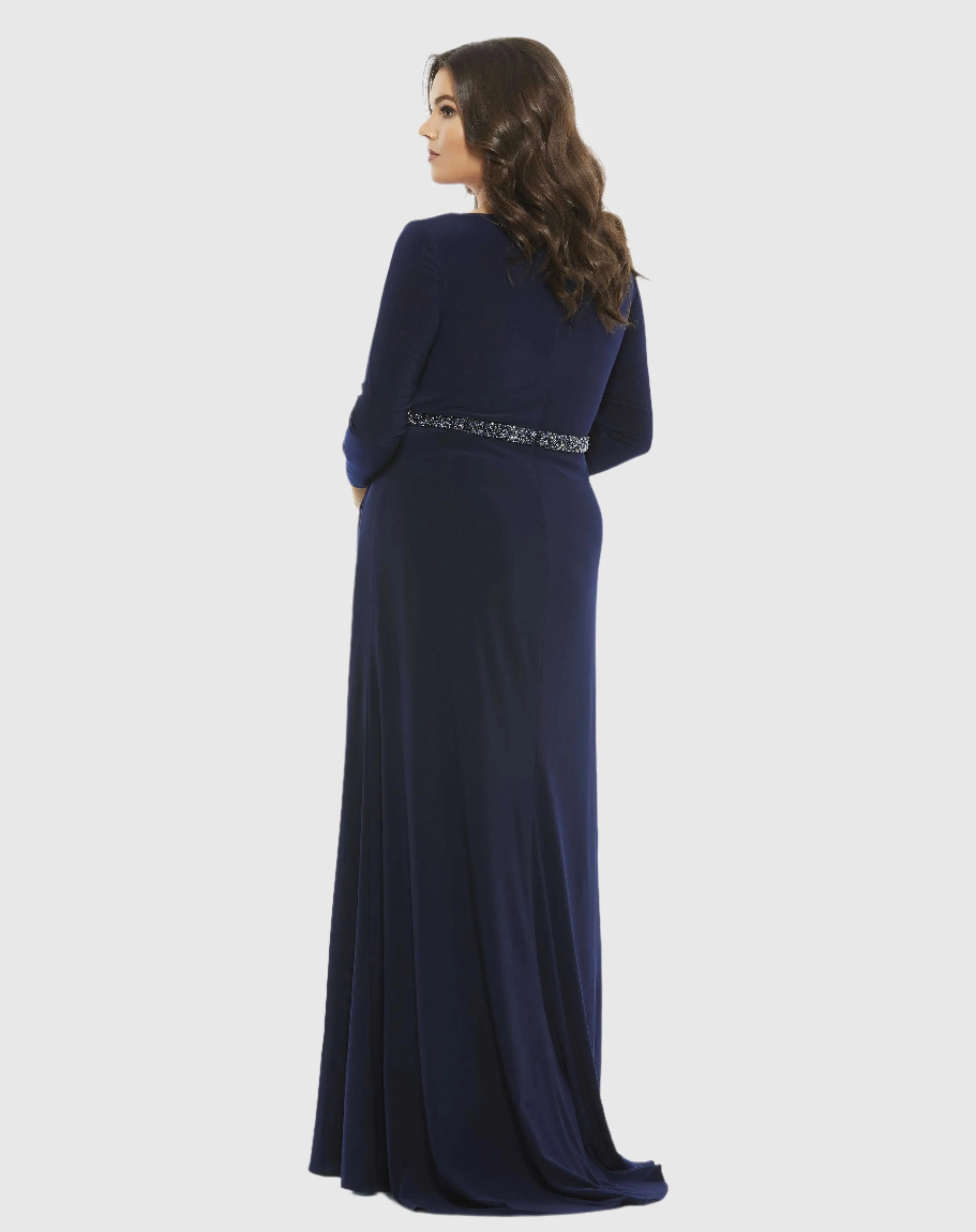 Beaded Belt Jersey Faux Wrap Long Sleeve Gown