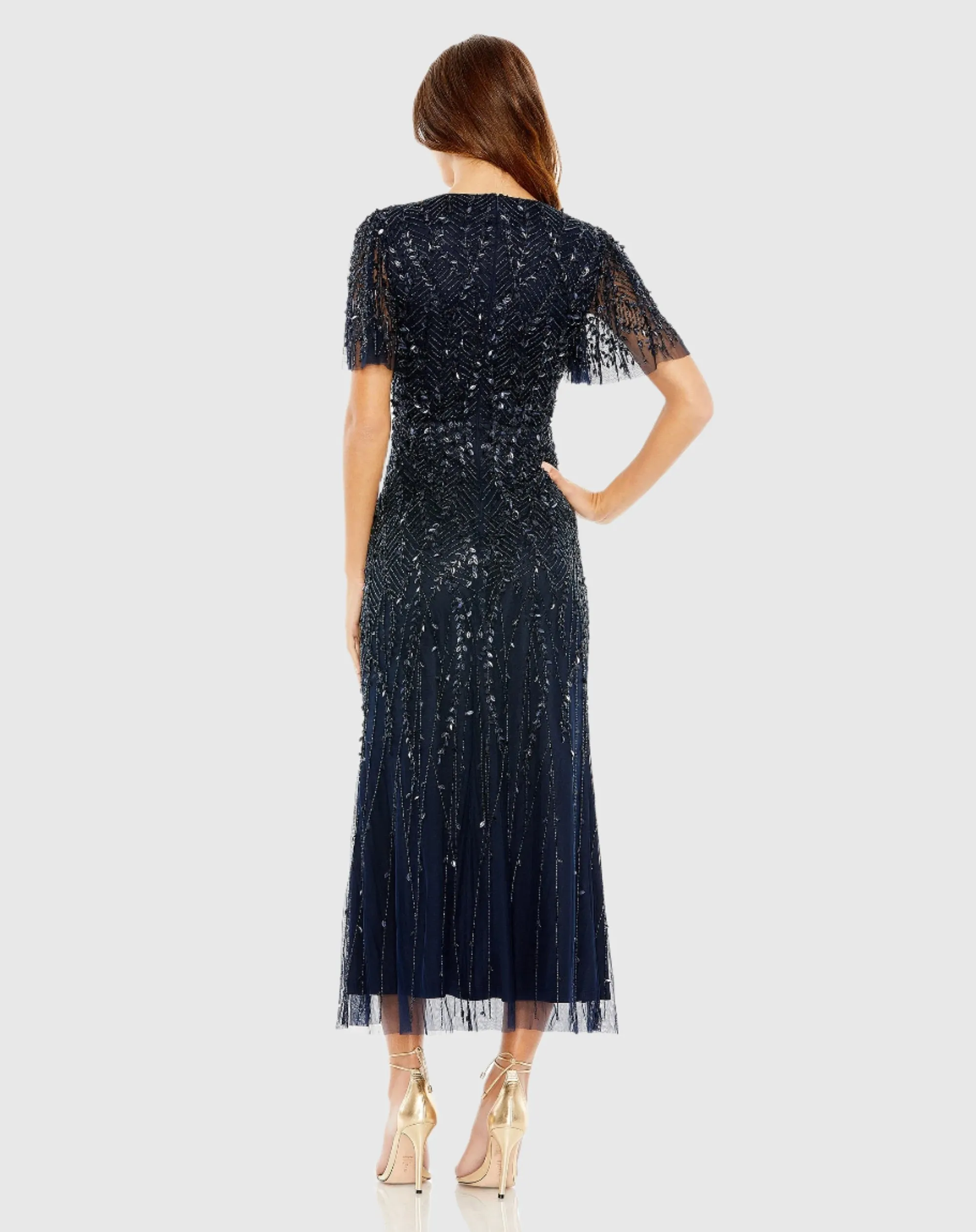 Beaded Wrap Over Butterfly Sleeve Column Dress