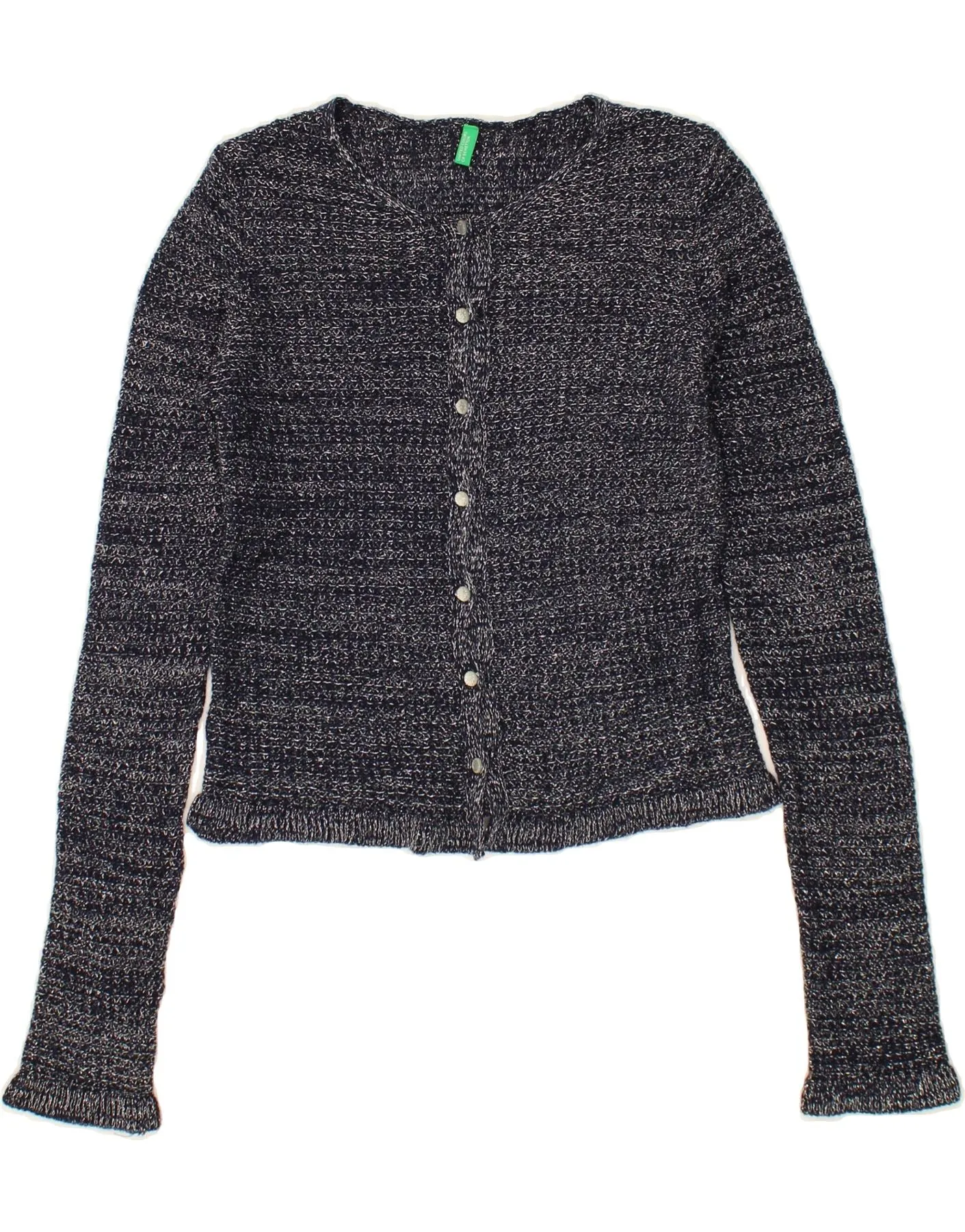 BENETTON Girls Crop Cardigan Sweater 11-12 Years 2XL Navy Blue Flecked