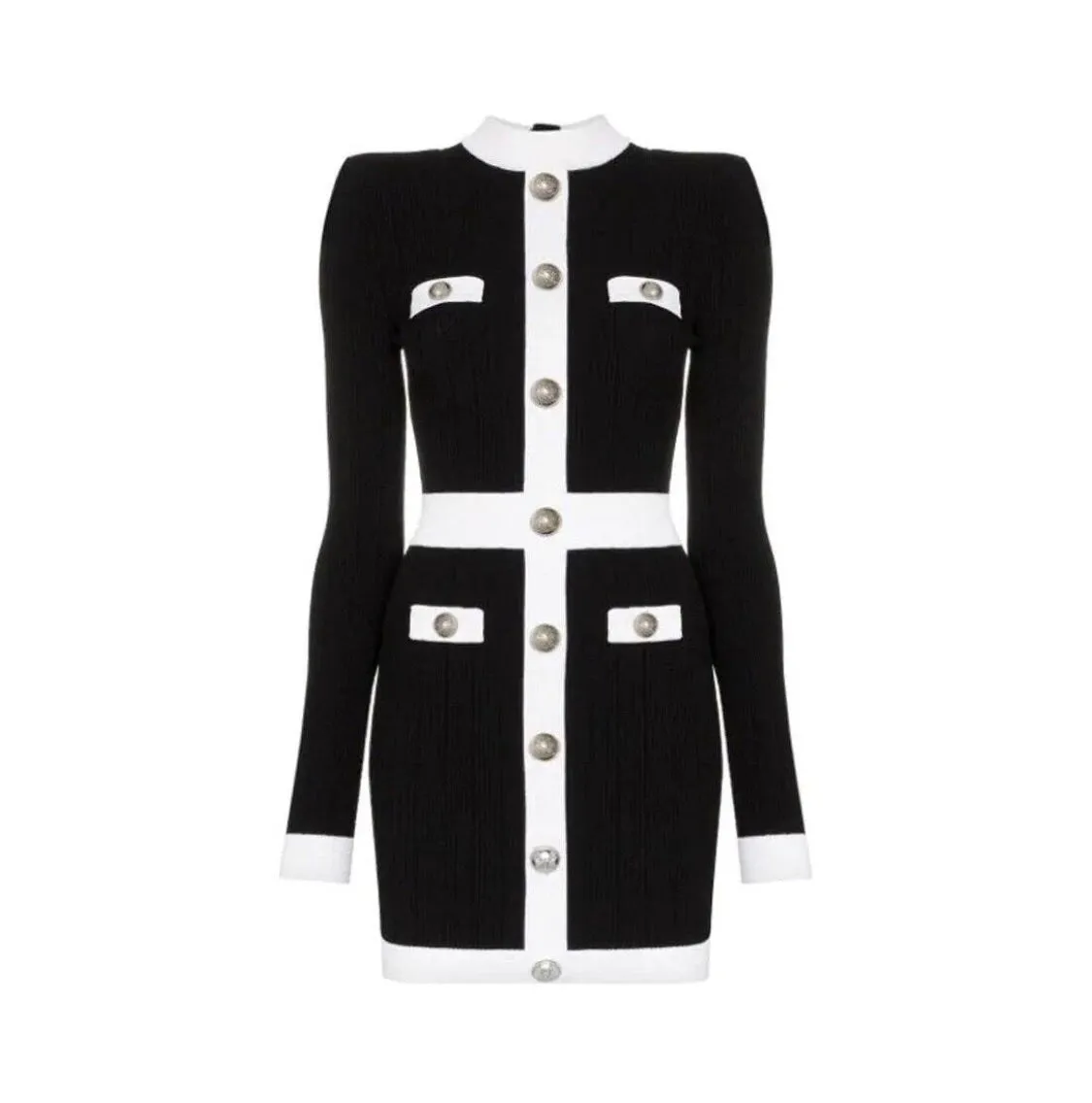 BLACK AND WHITE BODYCON BUTTONS DRESS