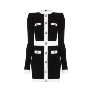 BLACK AND WHITE BODYCON BUTTONS DRESS