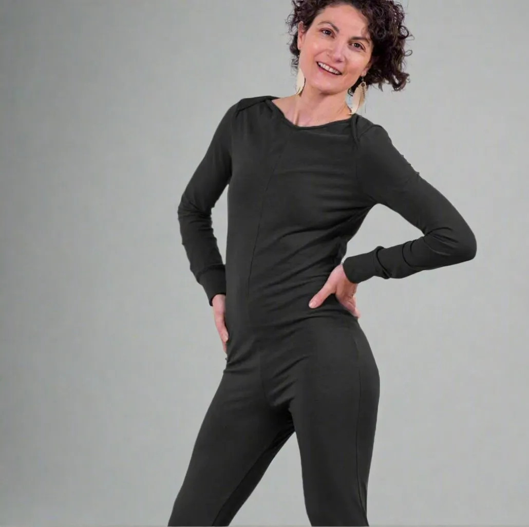 Black French Terry Soy Modal Long Sleeve Women's Union Suit - One Piece Long Johns | MoonEaze™