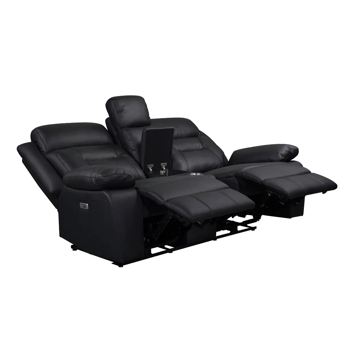 Black Leather Power Reclining Loveseat with USB Ports & Cupholders