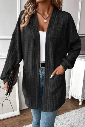 Black Textured Knit Side Pockets Open Front Cardigan