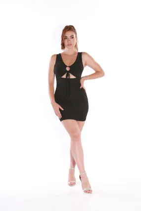 Black tie front bodycon dress- Silver sparkle