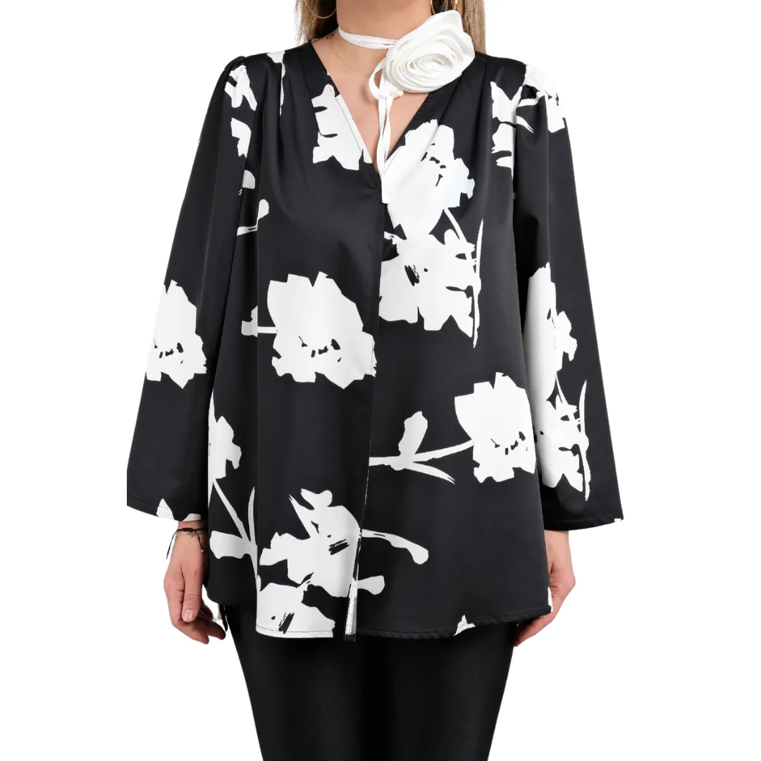 Black White Blouse Jacket with Snap Closure