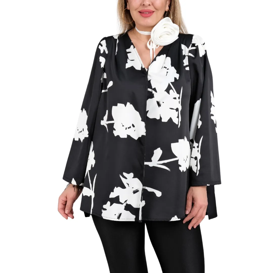 Black White Blouse Jacket with Snap Closure