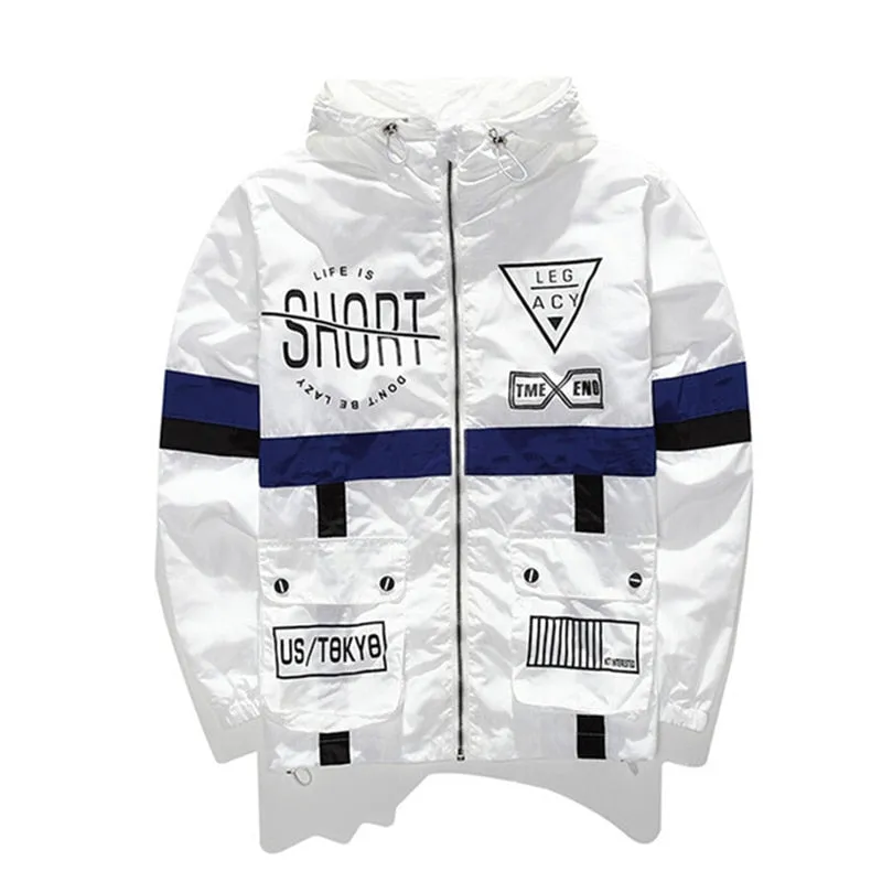 Black White Patchwork Windbreaker with Letter Pattern Men Jacket