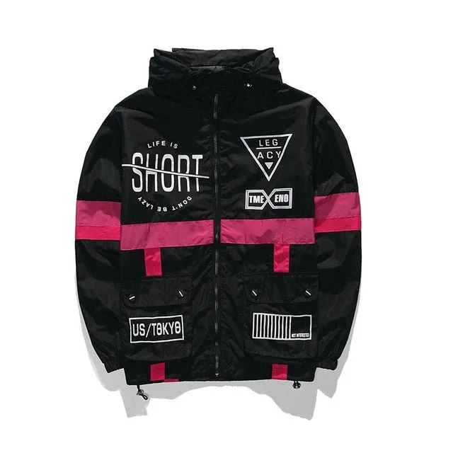 Black White Patchwork Windbreaker with Letter Pattern Men Jacket