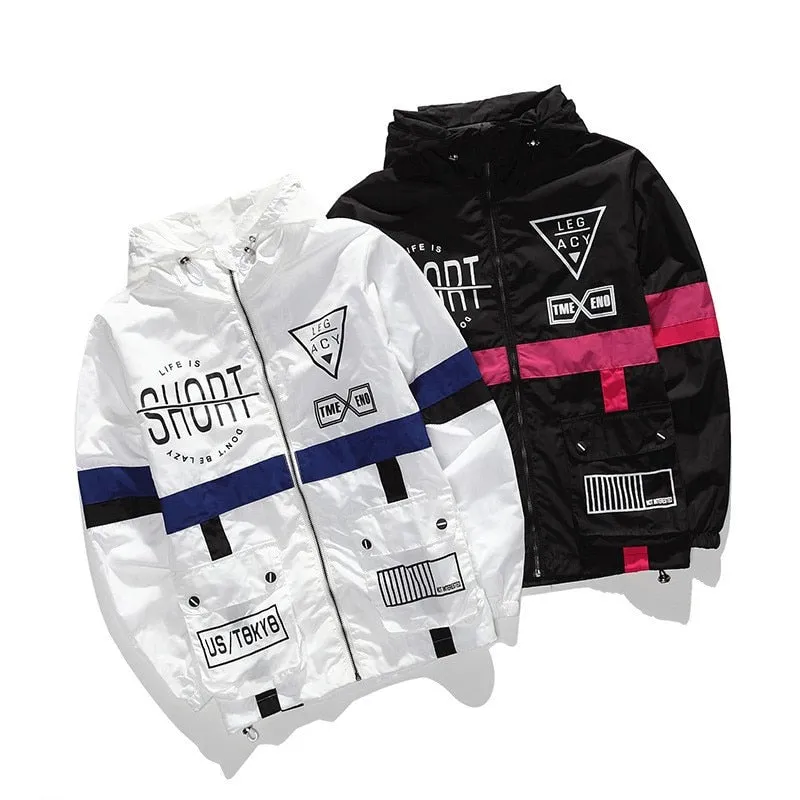 Black White Patchwork Windbreaker with Letter Pattern Men Jacket