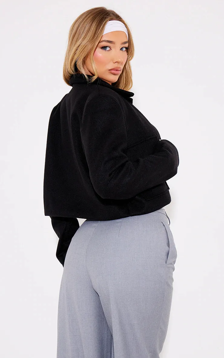 Black Wool Look Structured Shoulder Boxy Crop Jacket