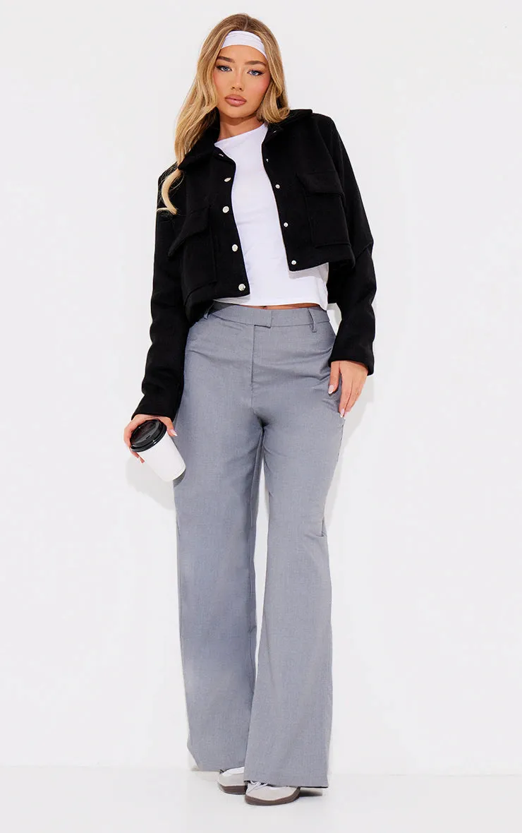 Black Wool Look Structured Shoulder Boxy Crop Jacket