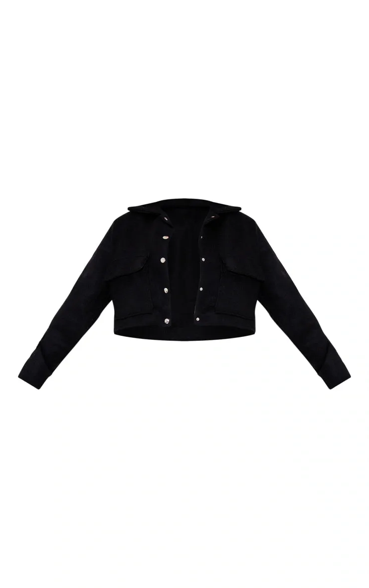 Black Wool Look Structured Shoulder Boxy Crop Jacket