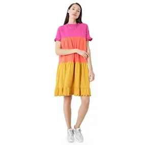 BLANCD Women's A-Line Trendy Tiered Colourblock Fit and Flare Casual Dress (Pink)